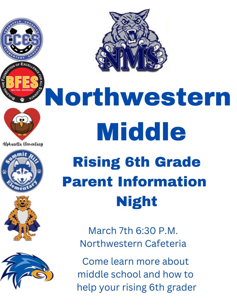 Northwestern Middle School (@thenmswildcats) on Twitter photo Please make plans to join us tomorrow night for our Rising 6th Grade Parent Night in the NMS Cafeteria. #ThisisYourNorthwestern <a href="/BFESBobcats/">Birmingham Falls ES</a> <a href="/CCES_Colts_PTO/">Crabapple Crossing PTO</a> <a href="/Alpharetta_ES/">Alpharetta ES</a> <a href="/summithillpto/">Summit Hill PTO</a> <a href="/ManningOaksFCS/">Manning Oaks Elementary</a> <a href="/HembreeSprings/">Hembree Springs</a> <a href="/TheNMSPTO/">Northwestern MS PTO</a> Please make plans to join us tomorrow night for our Rising 6th Grade Parent Night in the NMS Cafeteria. #ThisisYourNorthwestern <a href="/BFESBobcats/">Birmingham Falls ES</a> <a href="/CCES_Colts_PTO/">Crabapple Crossing PTO</a> <a href="/Alpharetta_ES/">Alpharetta ES</a> <a href="/summithillpto/">Summit Hill PTO</a> <a href="/ManningOaksFCS/">Manning Oaks Elementary</a> <a href="/HembreeSprings/">Hembree Springs</a> <a href="/TheNMSPTO/">Northwestern MS PTO</a>