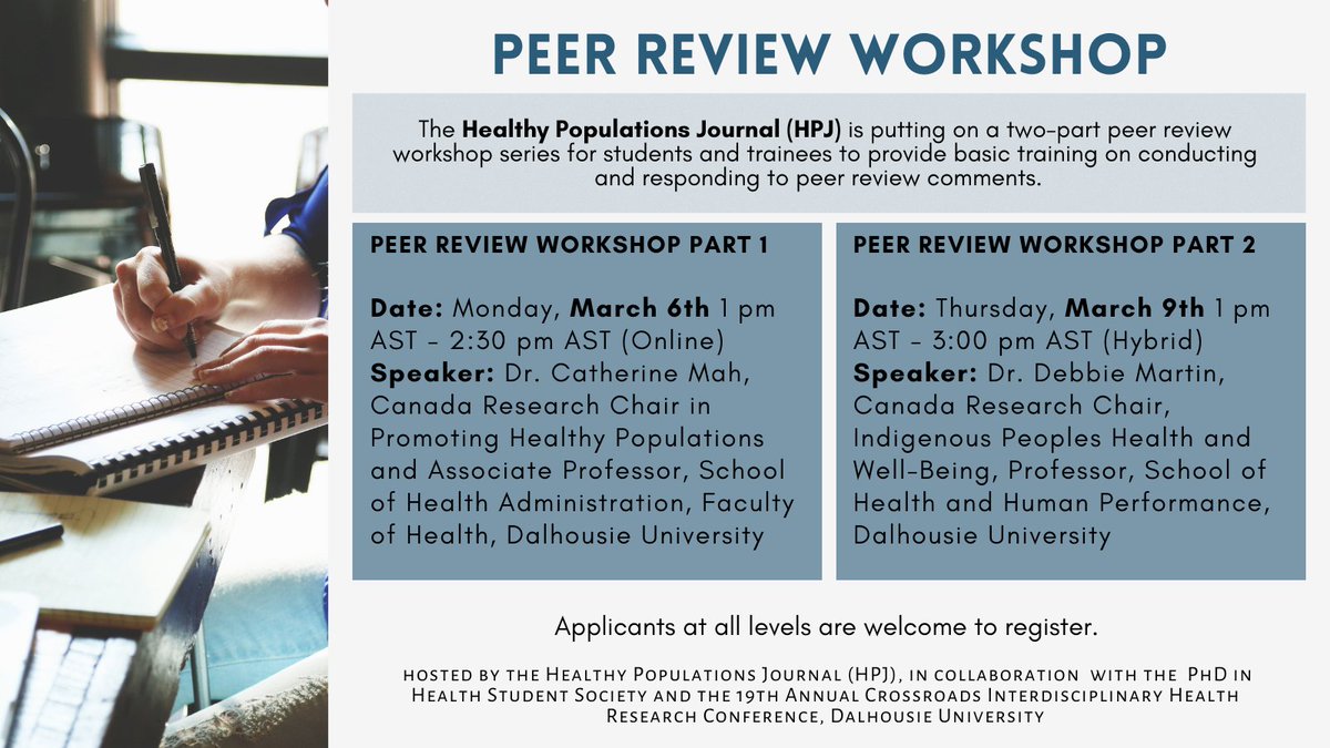 📢  <a href="/DalCrossroads/">Dalhousie Crossroads</a> is 1 WEEK away and there's still time to register for #DalHPJ's pre-conference peer-review workshops with <a href="/phdhss/">PhD Health Student Society</a> 

⭐ Free-of-charge
🧑‍💻 Hybrid
🙌 Interactive, partnered activities

Register for the workshop series: eventbrite.ca/e/peer-review-…