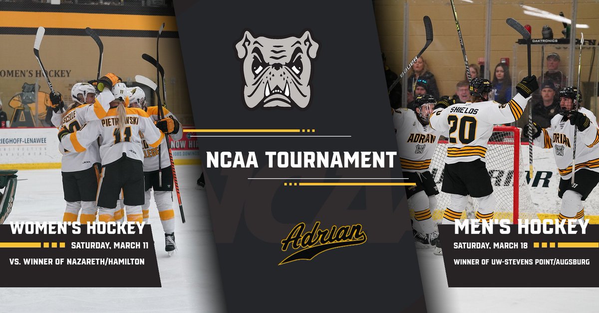 The NCAA announced the National Tournament brackets with the <a href="/AdrianWHockey/">Adrian W Hockey</a> and <a href="/ACbulldoghockey/">Adrian College Hockey</a> teams earning a bye to the Quarterfinals

Women will play Saturday, March 11 at home
Men will play Saturday, March 18 at home

📰bit.ly/3EYWkcd

#d3hky #d3hockey #GDTBAB