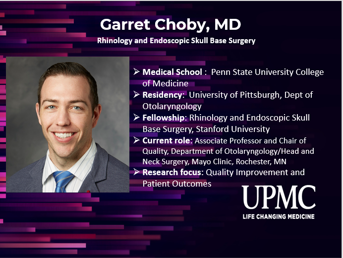 Excited to announce that Garret Choby MD will join the faculty @OtoPitt in August! Dr. Choby is a national leader in rhinology and endoscopic skull base surgery and will contribute immediately to our world-class rhinology and skull base program. Welcome home to Pittsburgh!