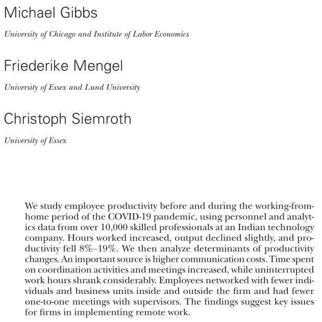 SiemrothEcon's tweet image. π’Our #WorkFromHome paper came out in the first issue of the Journal of Political Economy Micro!
Main finding: #WFH decreased productivity among IT workers, added 1.6-2h to working day, bc collaboration is harder remotely.
Summary thread 1/n
#EconTwitter doi.org/10.1086/721803