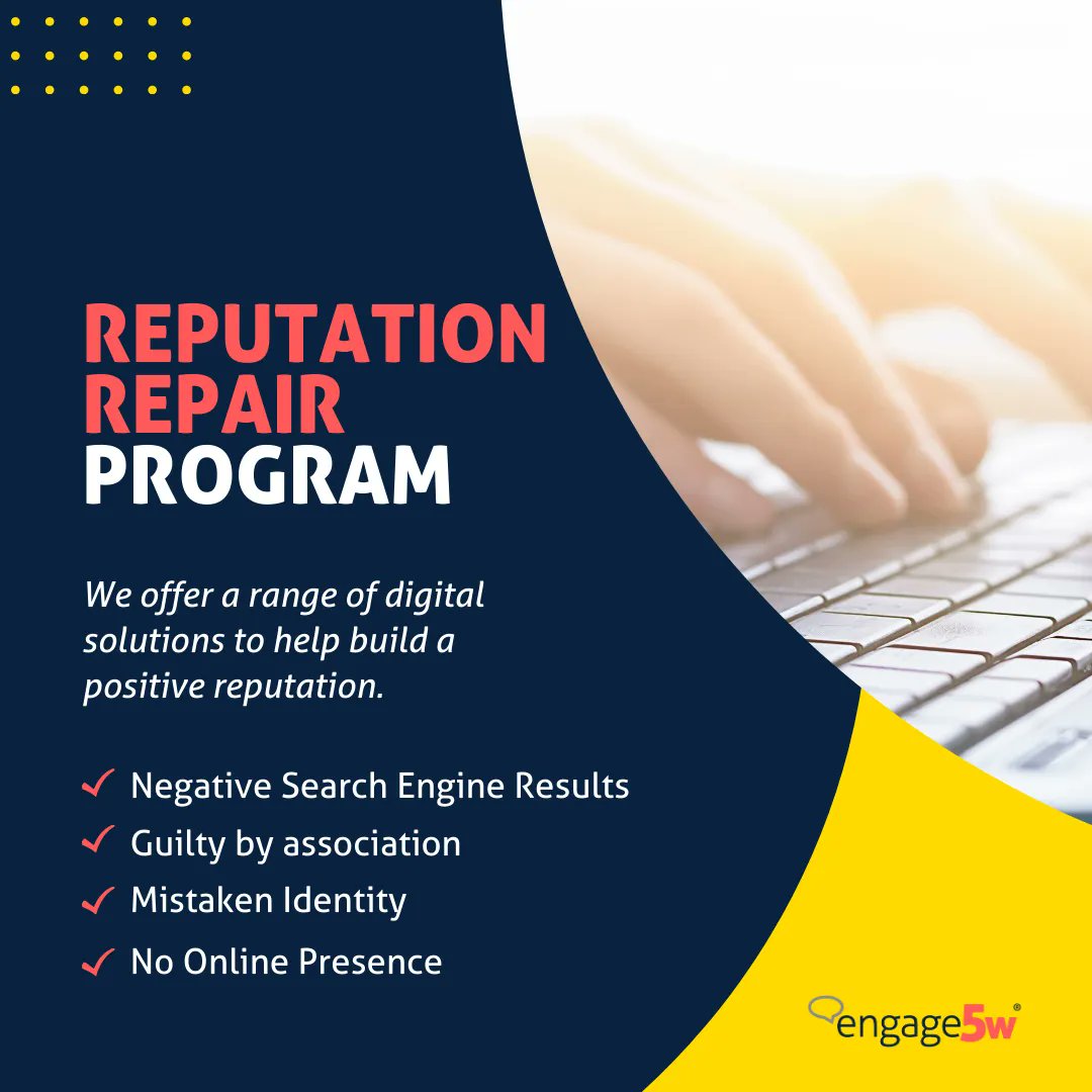 Our reputation repair program gives you back control. We will minimize negative search results and boost the positive ones to help build your professional brand. 

💛engage5w.com

#engage5w #CopywritingTips #SocialMediaMarketing  #MarketingTips #ReputationRepair