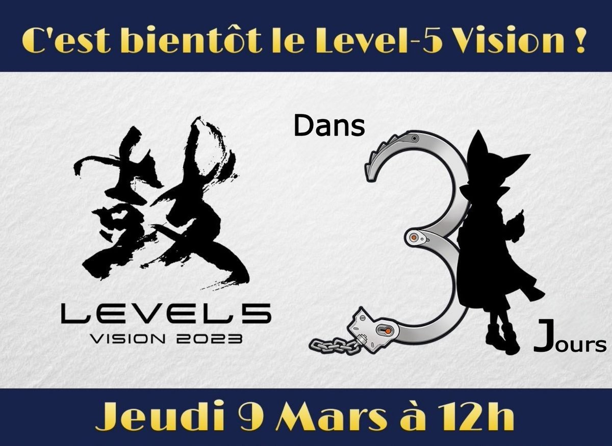 DECAPOLICE_FR's tweet photo. Plus que 3 jours !

Le LEVEL5 VISION 2023 aura lieu le Jeudi 9 Mars à 12h sur YouTube !

Il y a également des produits dérivés à gagner !
➤ Rendez vous sur le compte japonais de DECAPOLICE pour avoir davantage d'informations et participer : @DECAPOLICE_JP 

#デカポリス #L5vision https://t.co/Ag3Wnhoyan