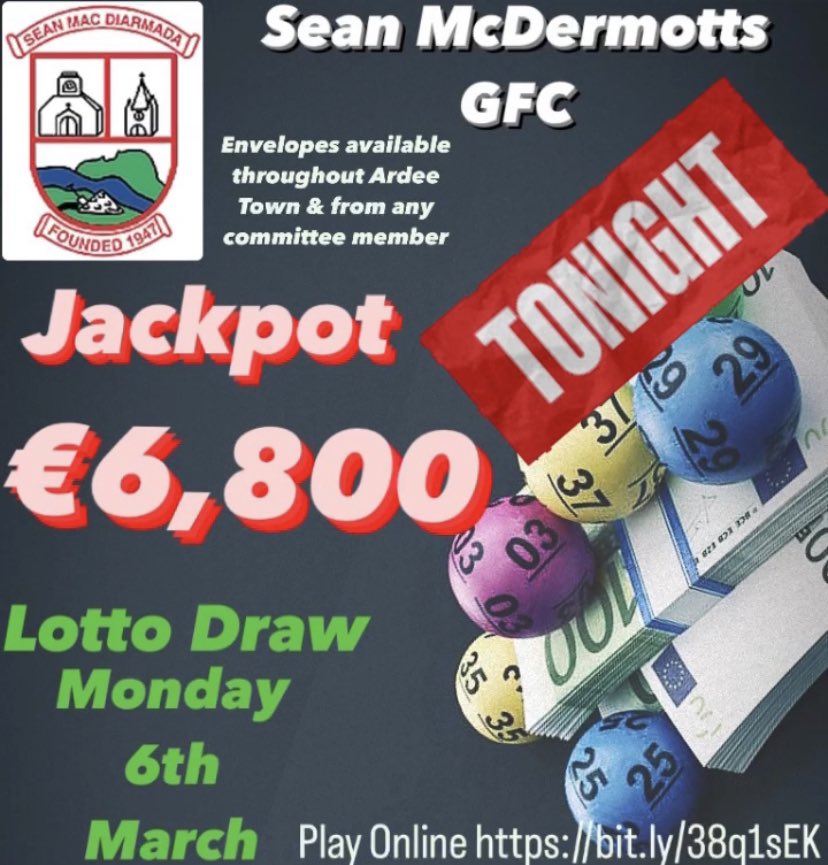 Our lotto draw is TONIGHT

Jackpot is now €6,800💶

Wouldn’t it be nice ?🥳💶

Play lotto online bit.ly/38q1sEK
(Enter online before 6pm)

€2 or 3 for €5

Envelopes available throughout Ardee Town &amp; from any Committee member 

#gaalotto #louthgaa #lotto #6thMarch2023