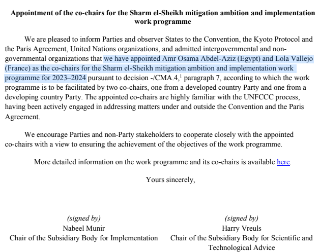 Delighted to co-chair in 2023-2024 the UNFCCC #MitigationWorkProgramme, newly established at COP27, with Amr Abdel-Aziz.

Many thanks to SBI chair Nabeel Munir and SBSTA chair Harry Vreuls for their trust.