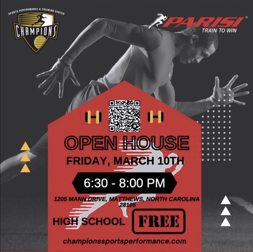 CoachAshWW's tweet photo. This Friday, OPEN HOUSE at our new facility in Matthews, NC. All my Charlotte, Matthews, fort mill, etc High School athletes Pull up! Get tested on your 40, vert, broad, 5/10/5 
@ChampionsLKN https://t.co/ZZYgUFMJBL