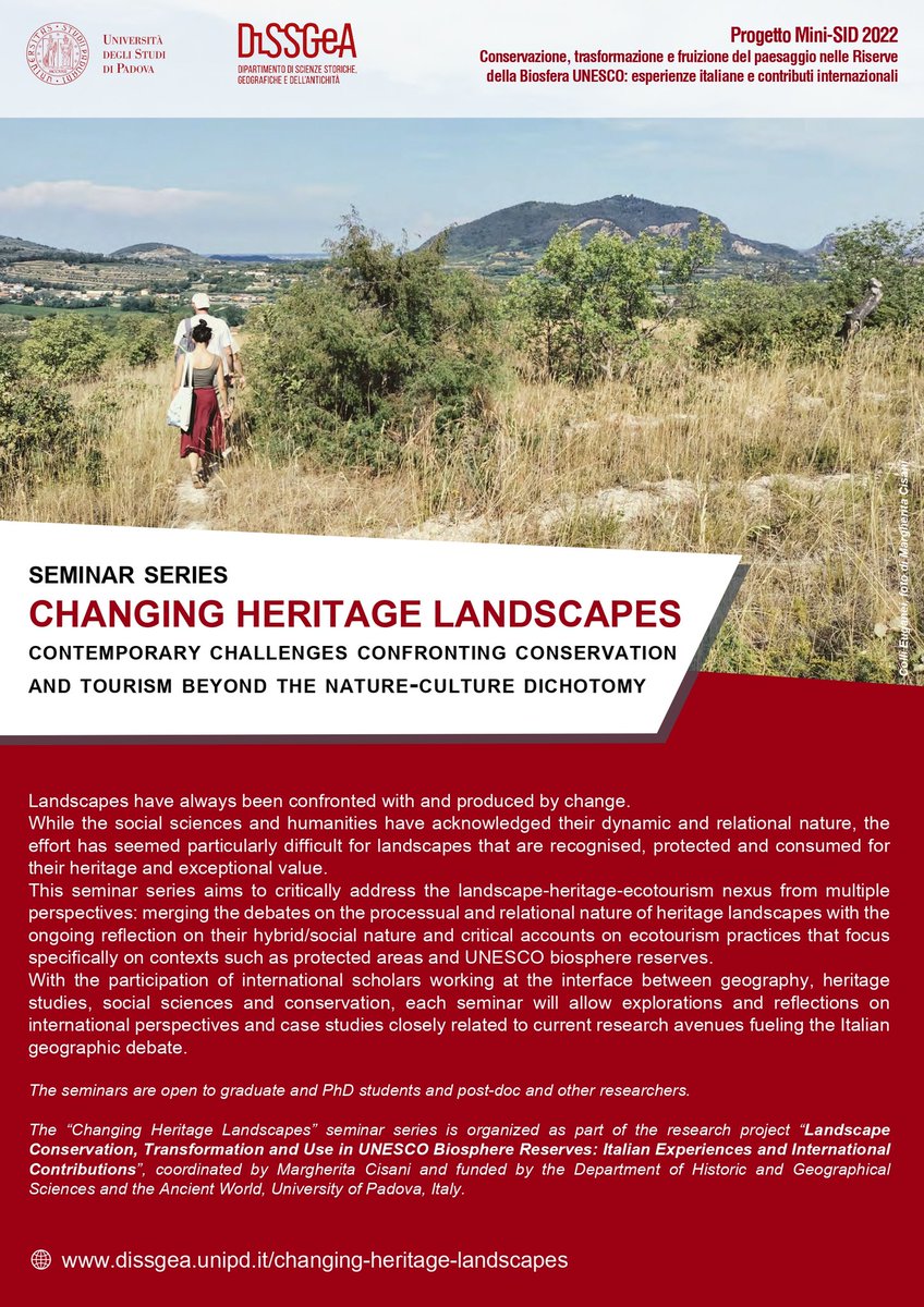 MCisani's tweet photo. This is the upcoming
CHANGING HERITAGE LANDSCAPES 
seminar series @DiSSGeA_UniPD !

Save the dates:
04.13 / Erik Aschenbrand
05.17 /@anthfletch
06.8 / @MarieStenseke 
07.11 / @EmmaWaterton1 https://t.co/9Gh9Lulxvx