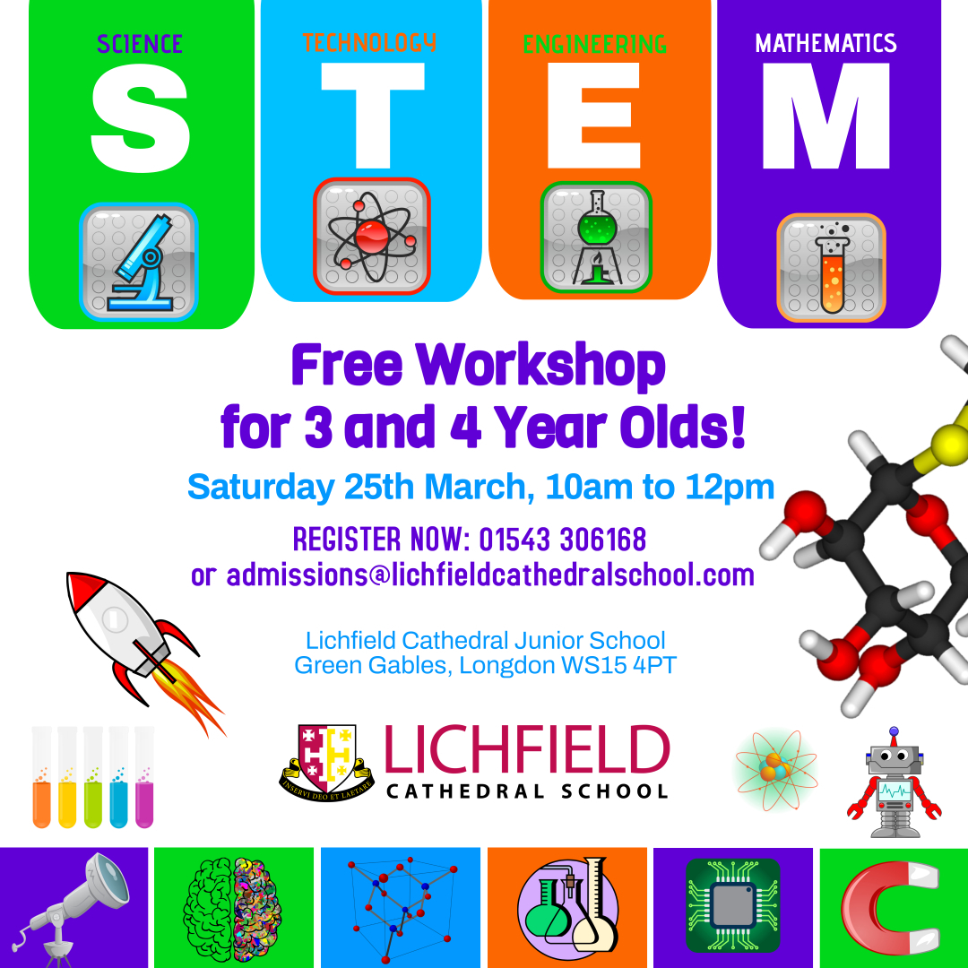 3 &amp; 4 year olds plus parent/guardian welcome to join our free STEM workshop on Saturday 25 March from 10am to 12pm. Learn the basics of science investigation and have fun! Call 01543 306168 or email admissions@lichfieldcathedralschool.com to book your place. #LoveLCS #STEM