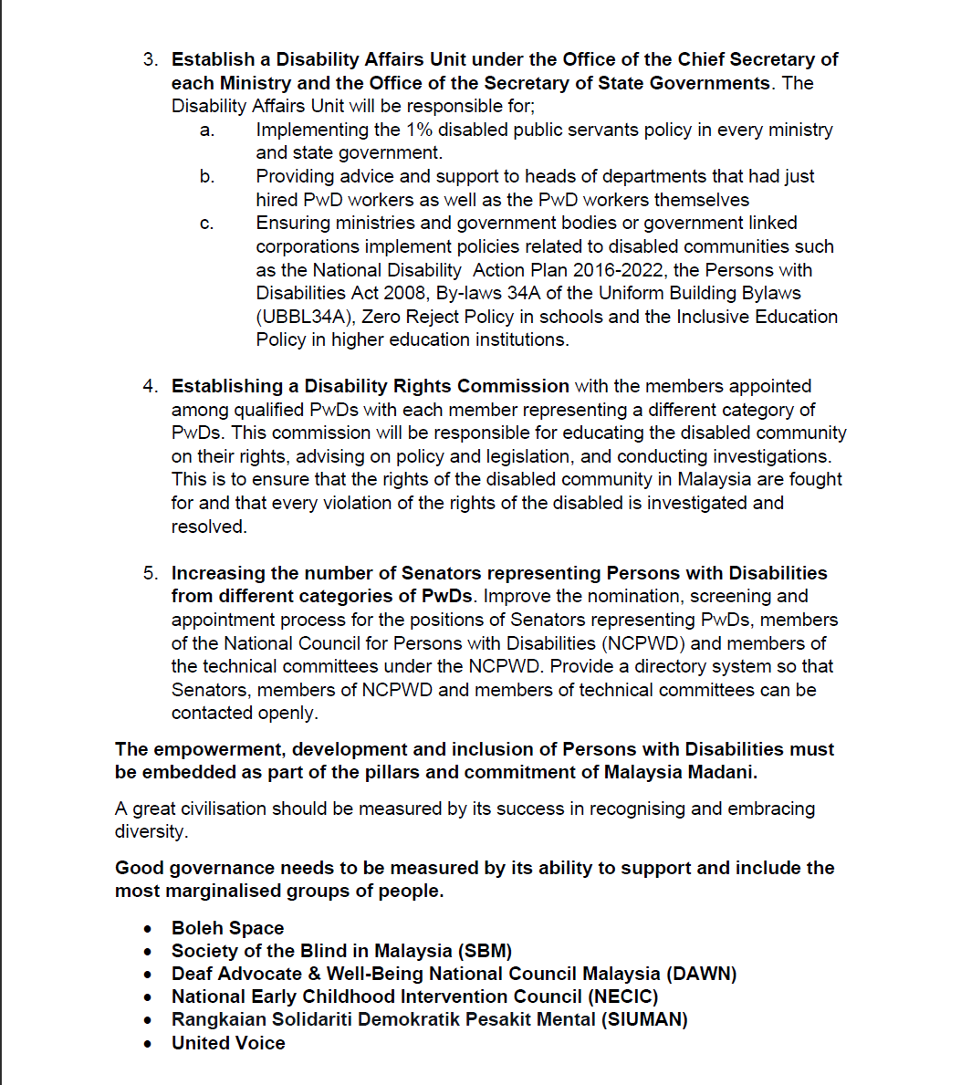 KamiSIUMAN's tweet photo. Five Urgent Recommendations for a Disability Inclusive Malaysia Madani.

A joint press statement by @bolehspace, SBM, DAWN, NECIC, United Voice &amp; @KamiSIUMAN.

@anwaribrahim @DrZahidHamidi @NancyShukri @FadhlinaSiddiq @NgaKorMing @SUHAKAM 

1/3 https://t.co/pxbJDITT3K