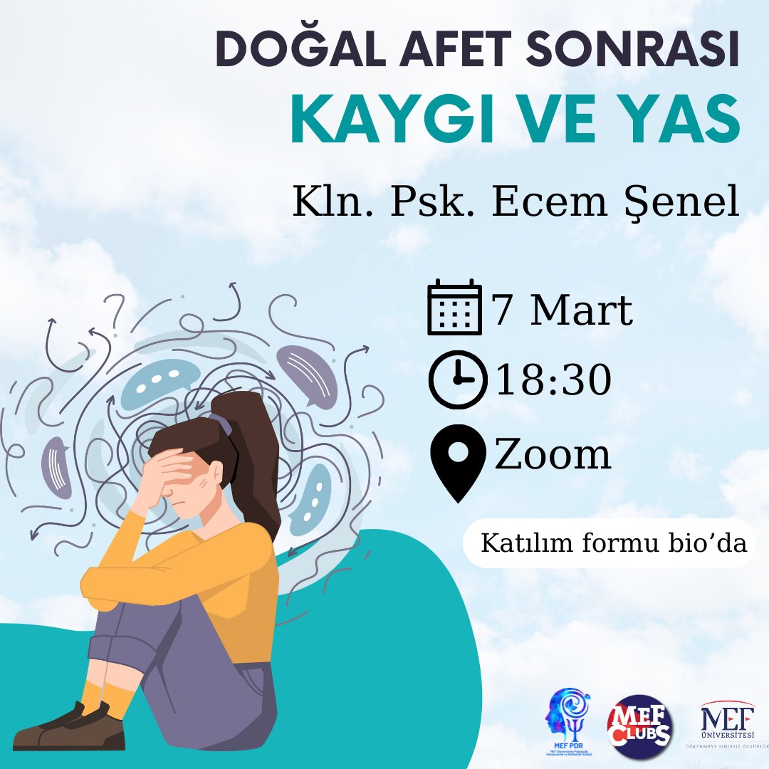 pdrmef's tweet photo. Sayın Klinik Psikolog Ecem Şenel ile Doğal Afet Sonrası Kaygı ve Yas etkinliğimize hepiniz davetlisiniz!

Etkinliğimiz herkese açıktır!

Katılım Formu:
https://t.co/0RWENIzd7t https://t.co/XwWY903Vn4