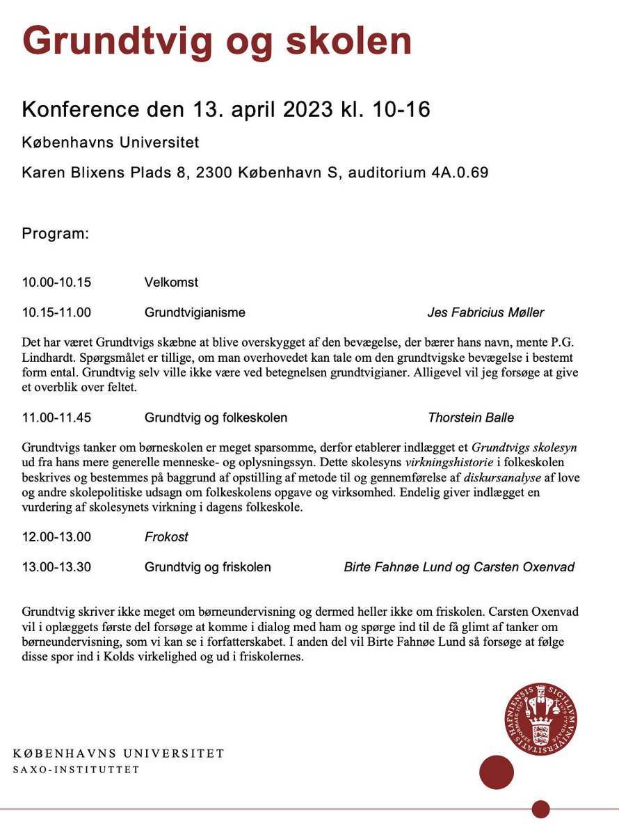 SkoleFor's tweet image. "Grundtvig og skolen"

Konference den 13. april 2023 kl. 10-16. @koebenhavns_uni 

Karen Blixens Plads 8, 2300 København S, auditorium 4A.0.69

saxo.ku.dk/kalender/2023/…