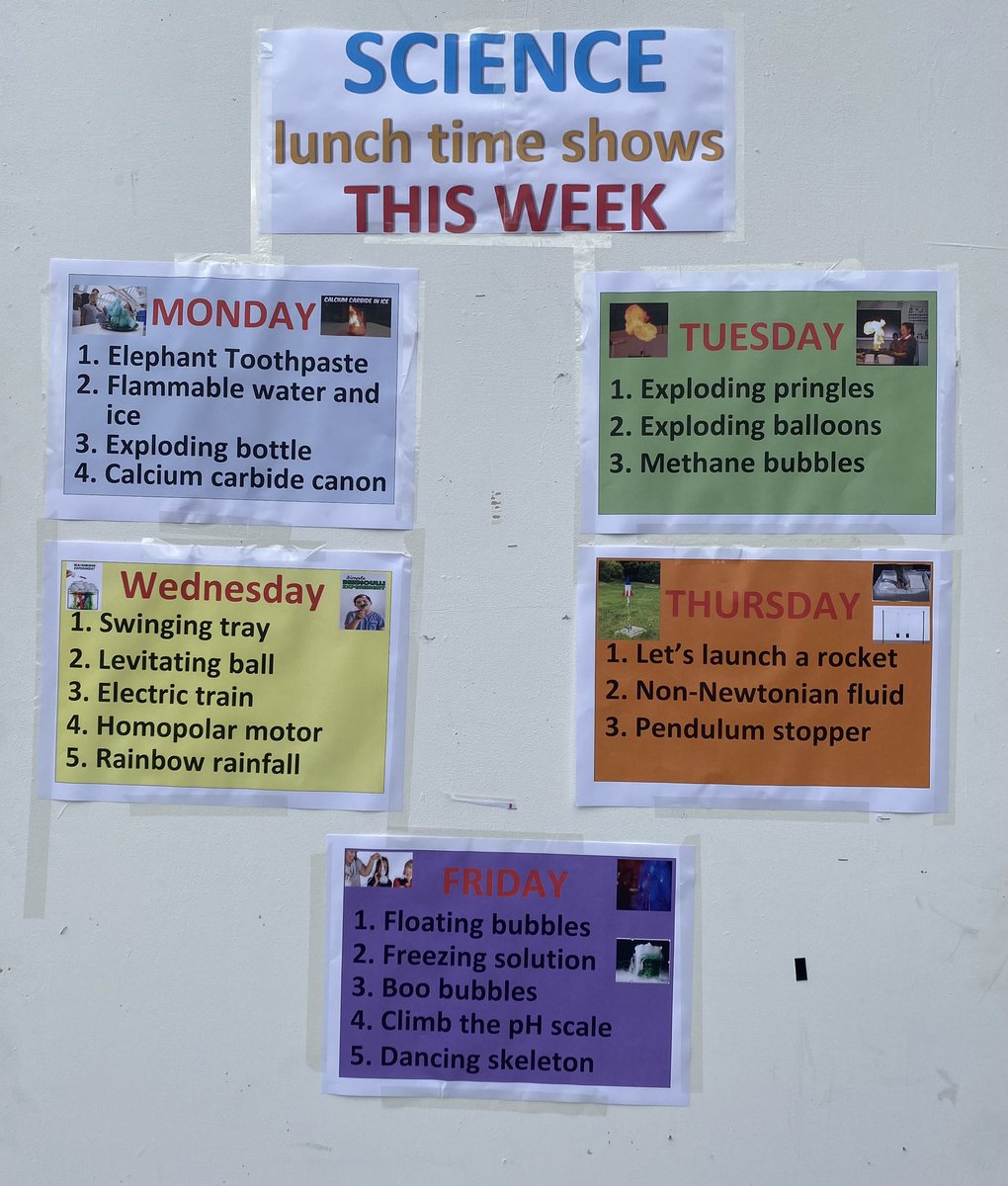 It’s Science Week! 🦠🎇🔬🔭🧫🦠🧬🧪Here is the program of lunchtime experiments! #ExploreDreamDiscover #scienceweek #Science #lewisham #deptford