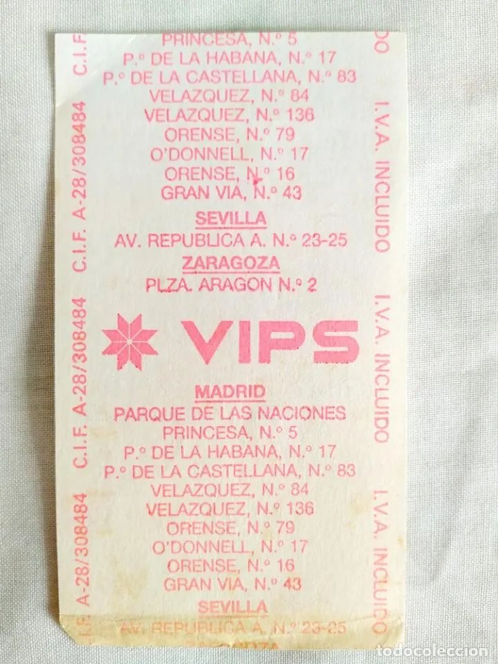 RetailerSpain's tweet photo. Hoy en #retailvintage algo que puede que le guste a @gamusino ...

Ticket de VIPS de 1987 https://t.co/K9rUxU36J4