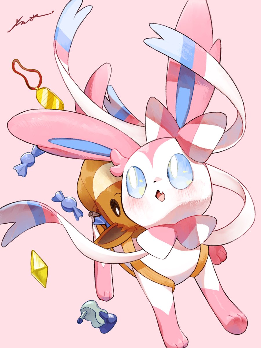 sylveon pokemon (creature) no humans open mouth toes tongue blush candy wrapper  illustration images