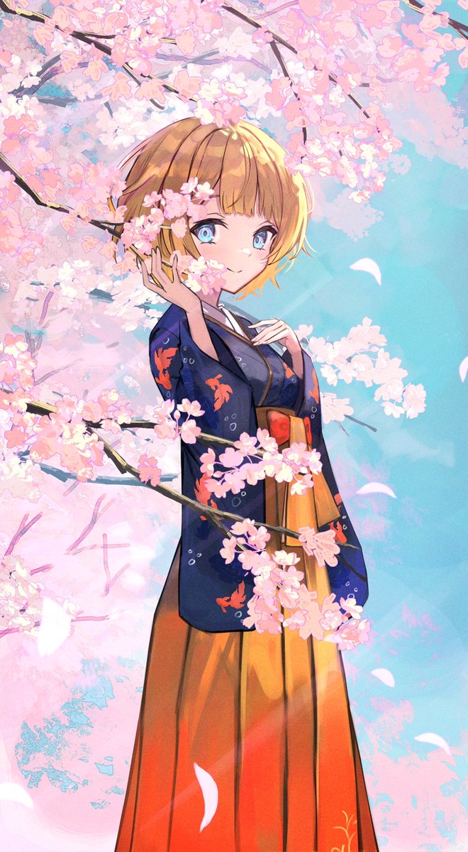 watson amelia 1girl solo japanese clothes cherry blossoms blonde hair blue eyes kimono  illustration images