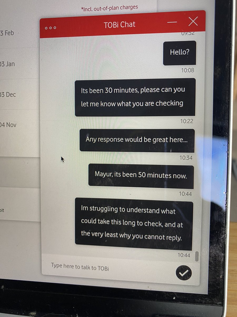BakingWithAimee's tweet photo. Over an hour with no response on your live chat function @VodafoneUK This is completely unacceptable. At this point I’ve already been passed to 3 different people, and it’s been an hour and a half since I started the chat. I just need to cancel my account…it cannot be that hard. https://t.co/p8czRKulEW