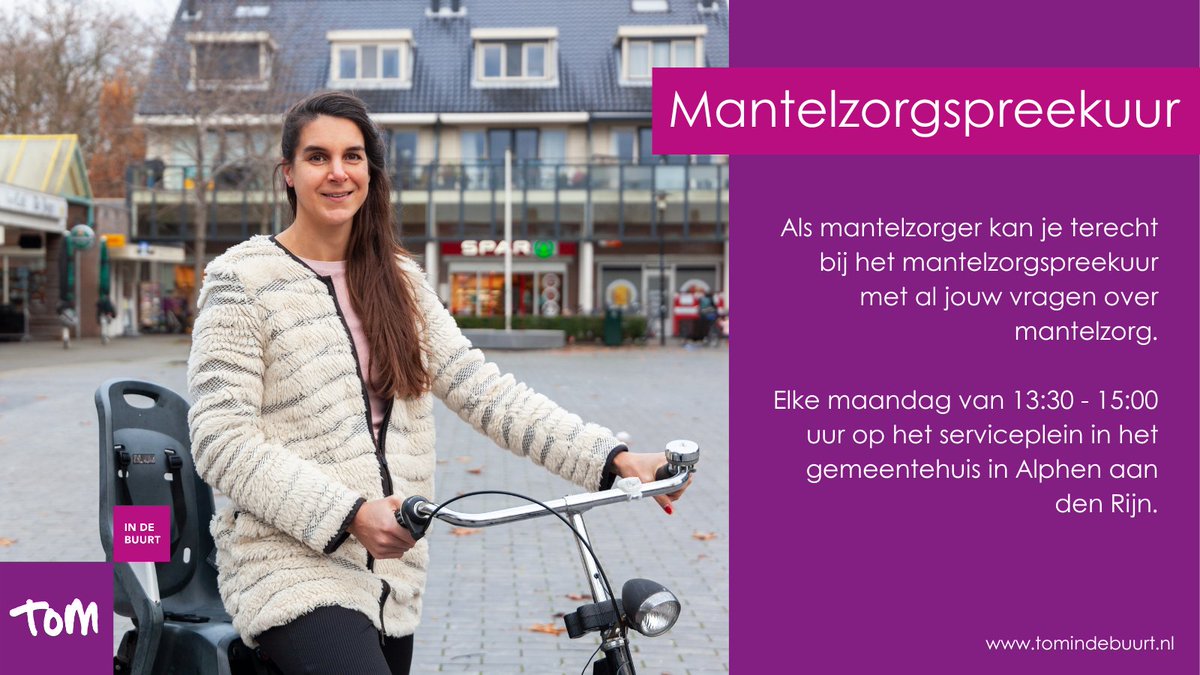 Zorg je voor jouw familie, vrienden of buren omdat je extra hulp geeft in verband met lichamelijke of psychische ziekte of een beperking? Voor Mantelzorgers organiseert Tom in de buurt spreekuren mantelzorg.

Meer informatie en aanmelden: tomindebuurt.nl/activiteiten/m…