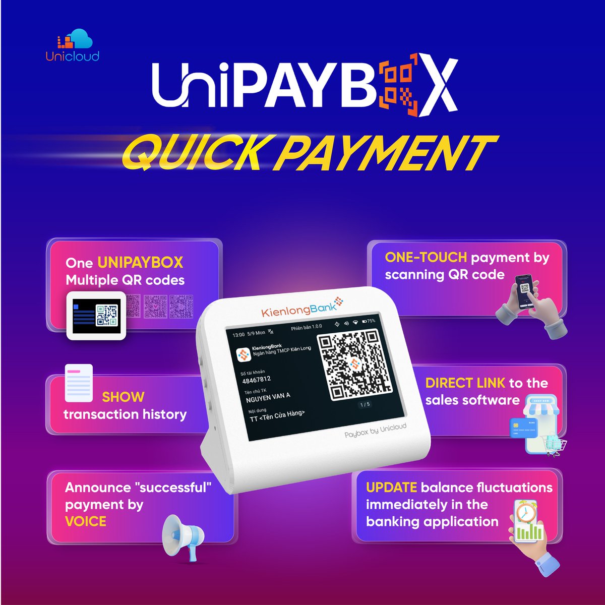 UnicloudIT's tweet photo. Is your store using too many Mica boards and  papers just to display 1 QR code? 
With UniPaybox's countless useful and outstanding features, it can help your store solve these problems. Consequently, customers can shop more easily and conveniently.
#unicloudgroup #Unipaybox #POS https://t.co/6xEznFB7ql