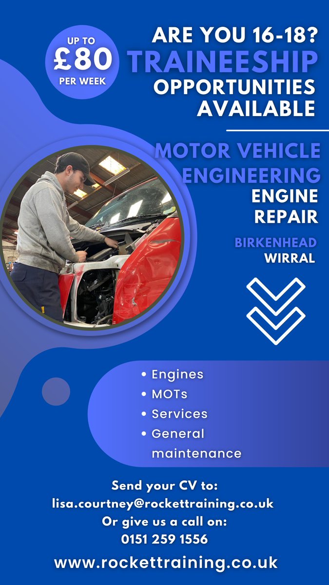 RocketTraining1's tweet image. We offer opportunities in #Traineeships or our #StudyProgramme in subjects such as:

- Business Admin
- Customer Service
- Motor Vehicle Engineering
- Construction
- Adult Care
- Warehousing

Continued vacancies ⬇️⬇️⬇️

#NCW2023 #NationalCareersWeek #Liverpool #Wirral