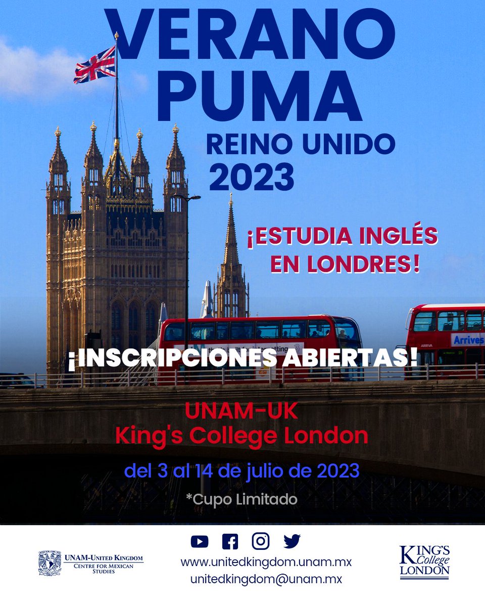 ¿Te gustaría estudiar inglés en Londres?
¡No te puedes perder el #veranopuma 2023!
Estudia en King's College London y aprende el idioma y sobre cultura británica 🇬🇧
¡INCRIPCIONES ABIERTAS!
#UNAMUK 🇲🇽🐆🇬🇧
revisa la convocatoria en: unitedkingdom.unam.mx/es/actividades…