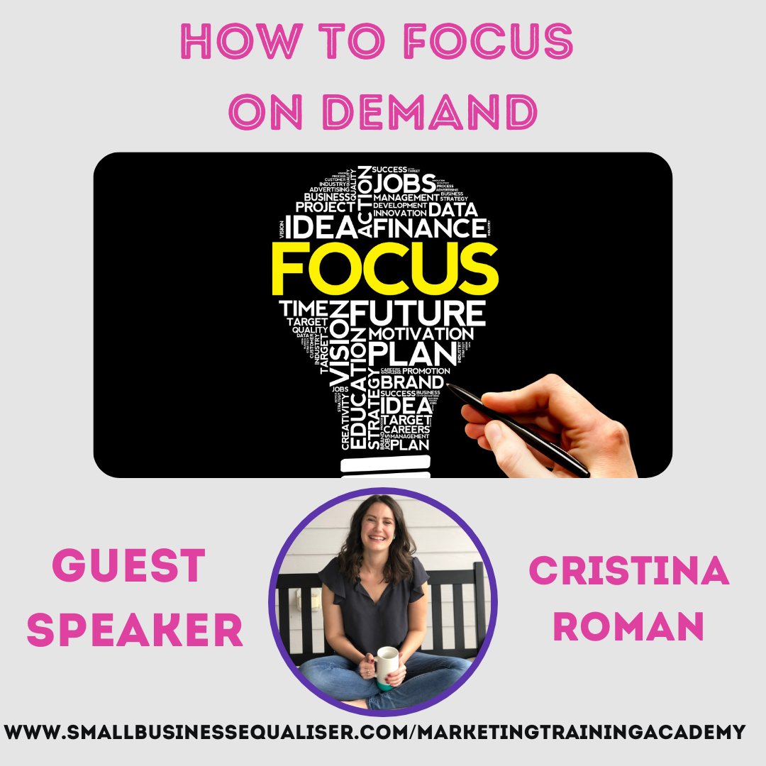 Find it hard to focus on your business? 

If you want to tackle the mental, emotional and logistical aspects of project finishing, tomorrow's Marketing Training Academy guest speaker, Cristina Roman is helping us FOCUS ON DEMAND.

 Find out more at smallbusinessequaliser.com/marketingtrain…