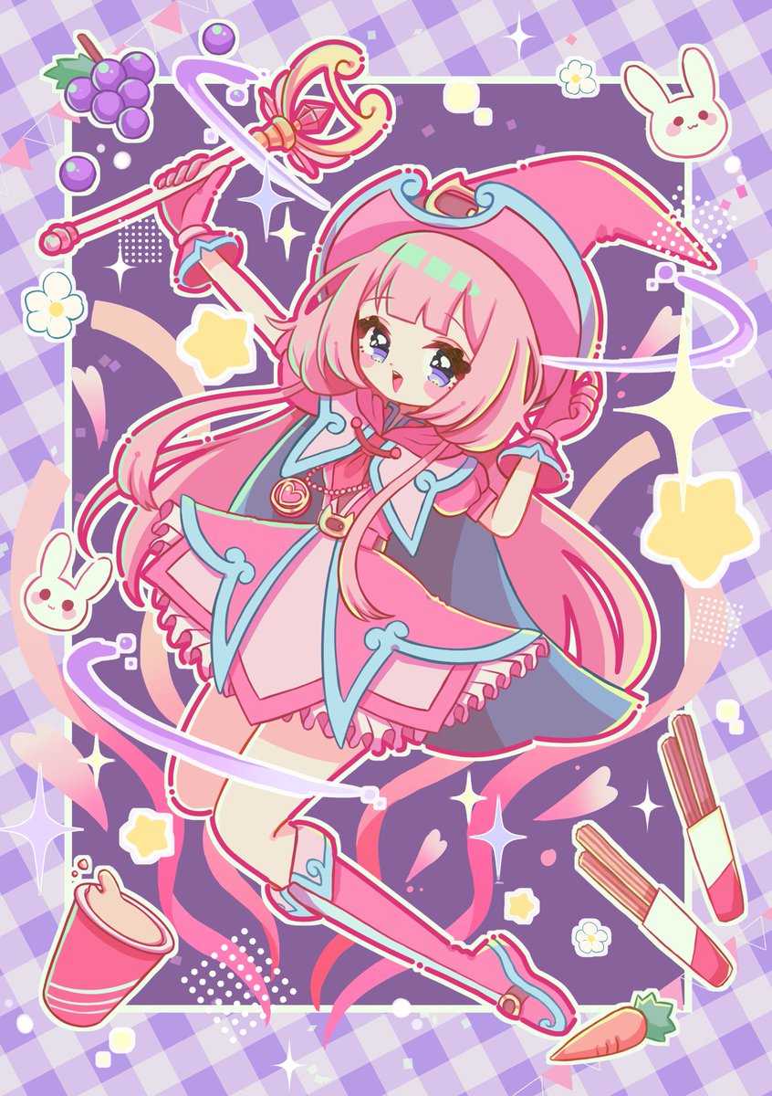 1girl hat pink hair wand long hair solo gloves  illustration images