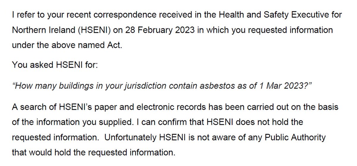 I asked the Health &amp; Safety Executive how many buildings in Northern Ireland contain asbestos. 
Their response is concerning.