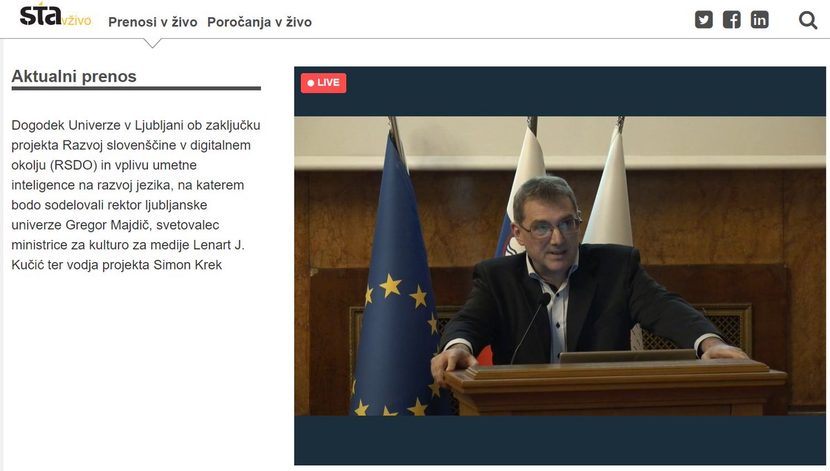 ClarinSlovenia's tweet photo. Pred nekaj minutami se je začel dogodek "RSDO in vpliv umetne inteligence na razvoj jezika", kjer bodo predstavili nove jezikovne tehnologije ob zaključku projekta Razvoj slovenščine v digitalnem okolju (RSDO). Dogodek lahko v živo spremljate prek https://t.co/QQEJ8qENFl https://t.co/EbmKWXrYuZ
