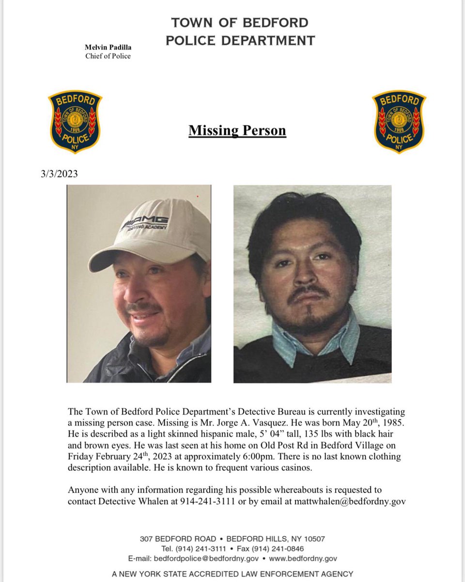 SCrawfordTV's tweet photo. #RETWEET: Bedford police are looking for Jorge Vasquez, who has been missing since last month. @News12WC https://t.co/qoB5aYHIms