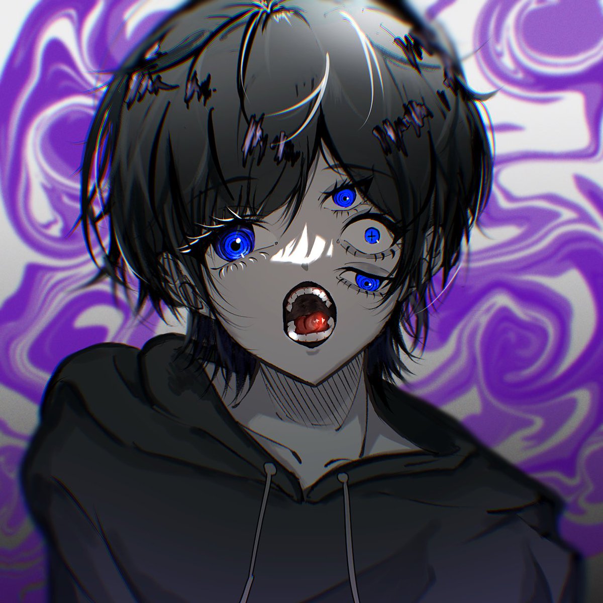 blue eyes hood open mouth solo hoodie black hair 1boy  illustration images