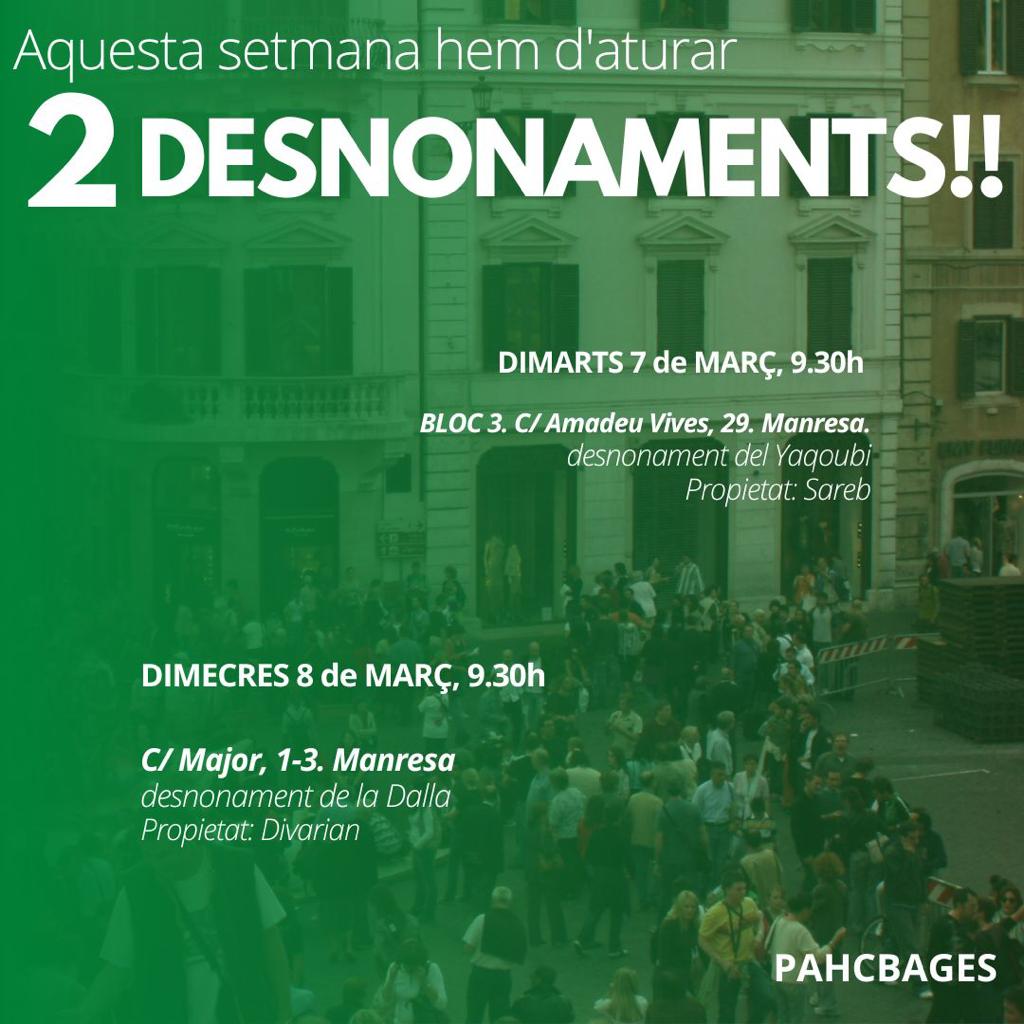 PAHCBages's tweet photo. Aquesta setmana tenim dos nous desnonaments, el dia 7 i el dia 8 de març. Estarem a la porta per aturar-nos i et necessitem!!

✊⚡️ https://t.co/5KjC7vbFLP