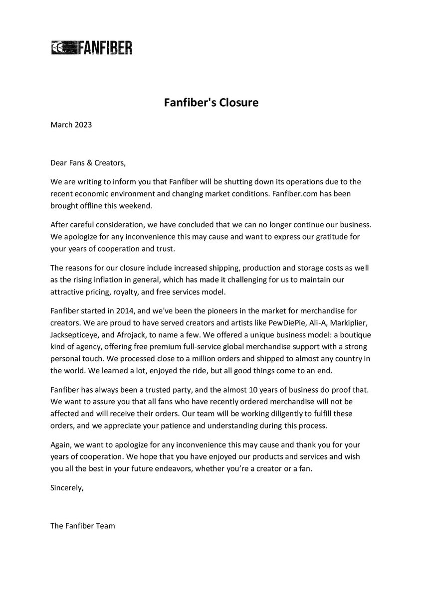 Fanfiber Announcement. Thank you all for your support and trust! ❤️