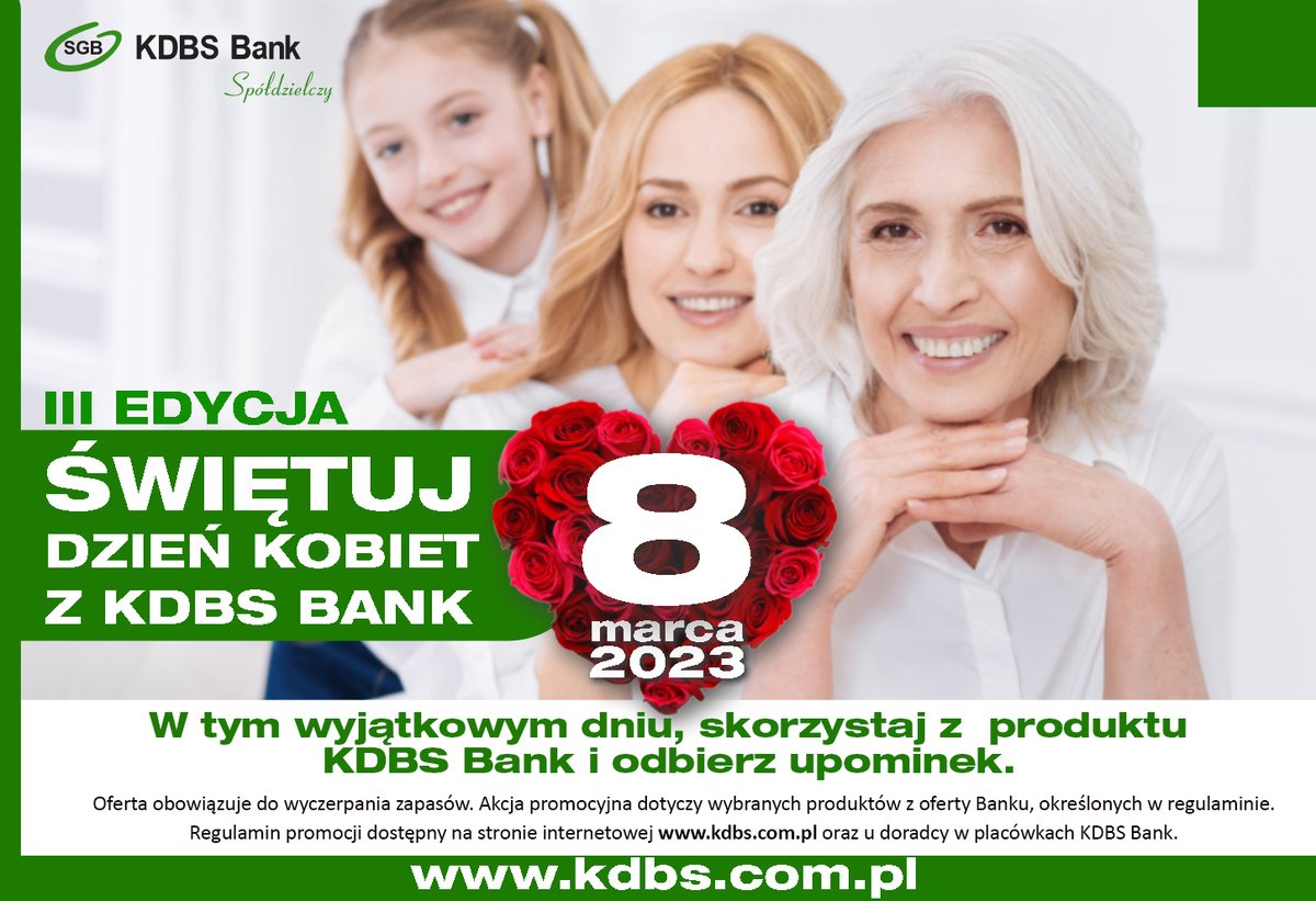 KDBS_Bank's tweet photo. 8️⃣ marca z okazji Dnia Kobiet przygotowaliśmy dla Pań miłą niespodziankę😊🥰
W tym wyjątkowym dniu, odwiedź jedną z placówek naszego Banku, skorzystaj z produktu, a upominek trafi właśnie do Ciebie!🎁
Szczegóły:
https://t.co/n0YMRiUEvP https://t.co/MUmxZ1DZmI