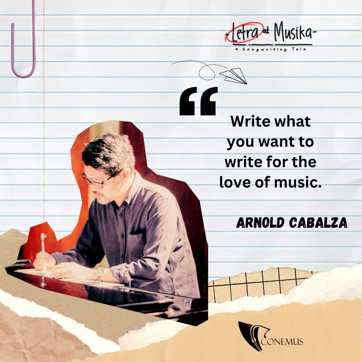 upconemus's tweet photo. From our “𝗟𝗲𝘁𝗿𝗮 𝗮𝘁 𝗠𝘂𝘀𝗶𝗸𝗮'' educational discussion series, Mr. Arnold Cabalza highlights the importance of both inspiration and discipline in the creative process.

#UPConemus
#TakeOff
#SongwritingTalk https://t.co/EjFKjbLhGe