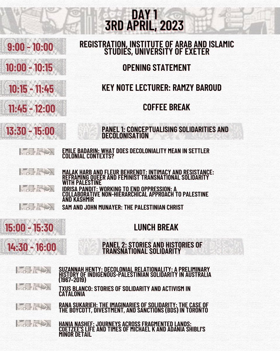 KarakMufti's tweet image. We&apos;re pleased to share the programme for the @ExeterIAIS, @CentrePalestine, and @MiddleEastMnt conference titled &quot;Transnational Solidarity Amongst (Settler) Colonised People: Palestine and Beyond&quot;!

Register for free to attend, whether online or in-person: eventbrite.com/e/conference-t…