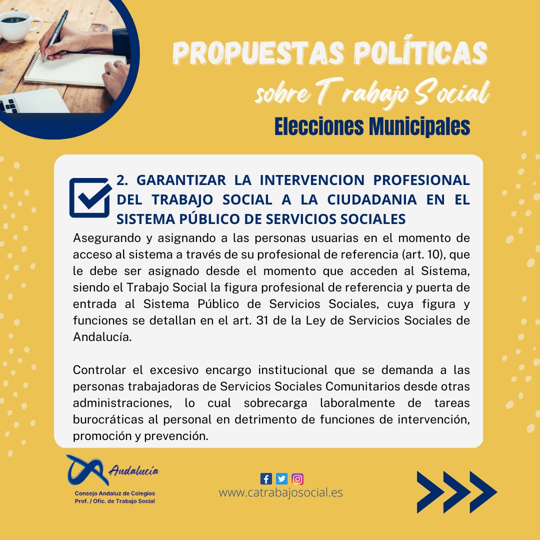 📢📢1⃣7⃣ #PropuestasPolíticas desde el Consejo Andaluz de Colegios Profesionales y Oficiales de #TrabajoSocial, para las #EleccionesMunicipales.

🌐Conoce MÁS en catrabajosocial.es🌐