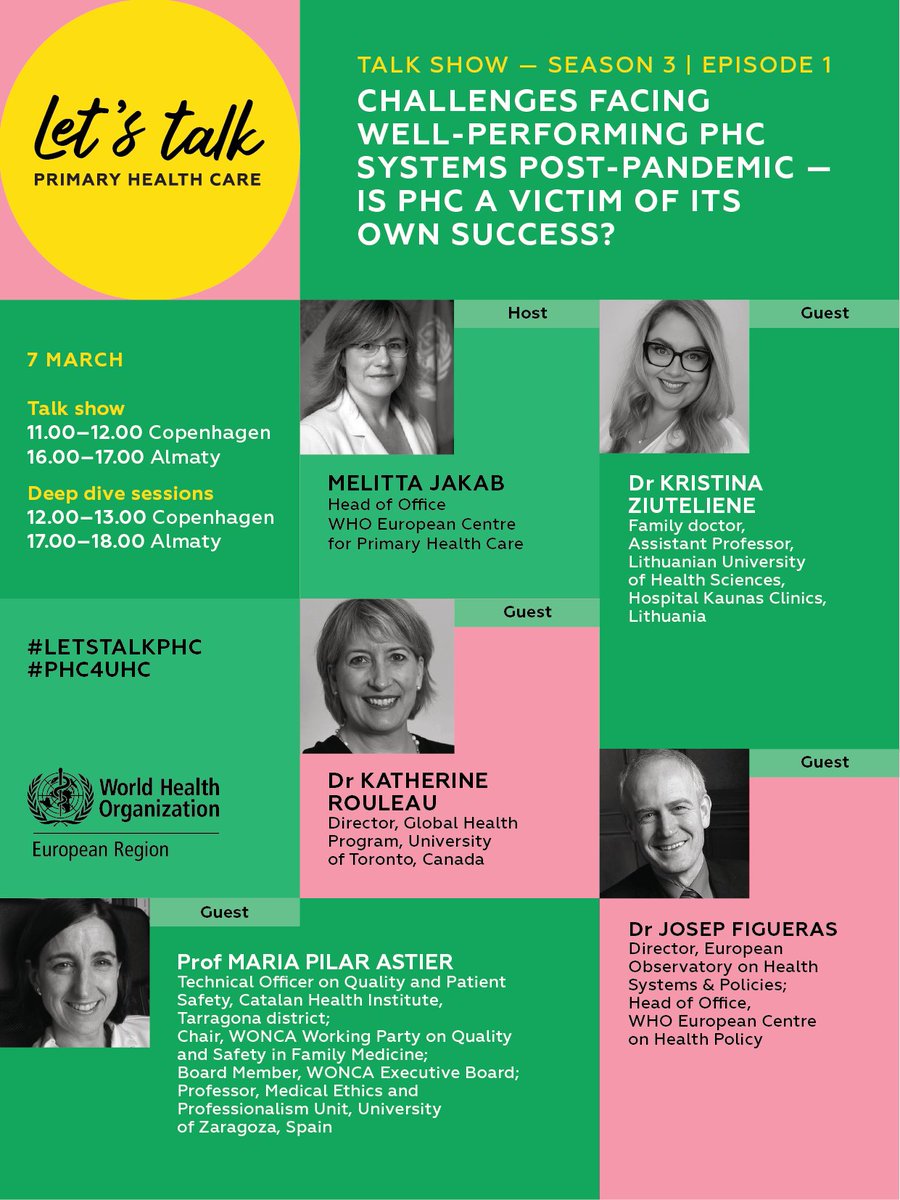 melittajakab's tweet photo. I am excited to host a conversation about recent trends in countries with well-performing PHC systems.  Join our season opening episode of the @WHO_Europe #LetsTalkPHC talk show tomorrow on 7 March at 11.00-13.00 CET/16.00-18.00 Almaty. 

To register  👉https://t.co/KvGZXmjNFE https://t.co/MYlYXafoFM