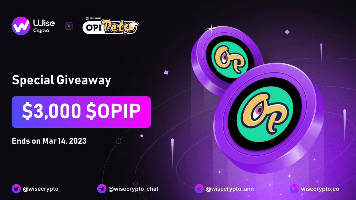 CryptoHunting6's tweet image. 🥳 Wise Crypto X OpiPets Giveaway

🏆Prize Pool - $3,000 $OPIP

To Enter
✅ Follow @WiseCrypto_ &amp;amp; @opipetsgame
✅ RT &amp;amp; Tag 3 Friends
✅ Complete Gleam wn.nr/ZspKnvR

#Airdrops #OPIP #Giveaway #IDO #Crypto #NFT #Giveaways