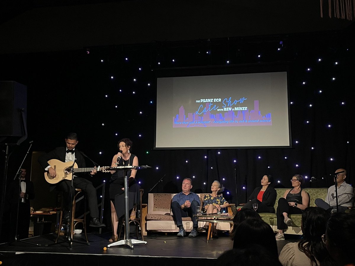 KeethMaya's tweet photo. The @PSANZ_ECR Late Show with Ben and Mikee! What a great way to end Day 1 of #PSANZ2023 @mypsanz 👏🏽🎉 @ScienceByMikee @benamberg1 https://t.co/IhU1HHIHkg