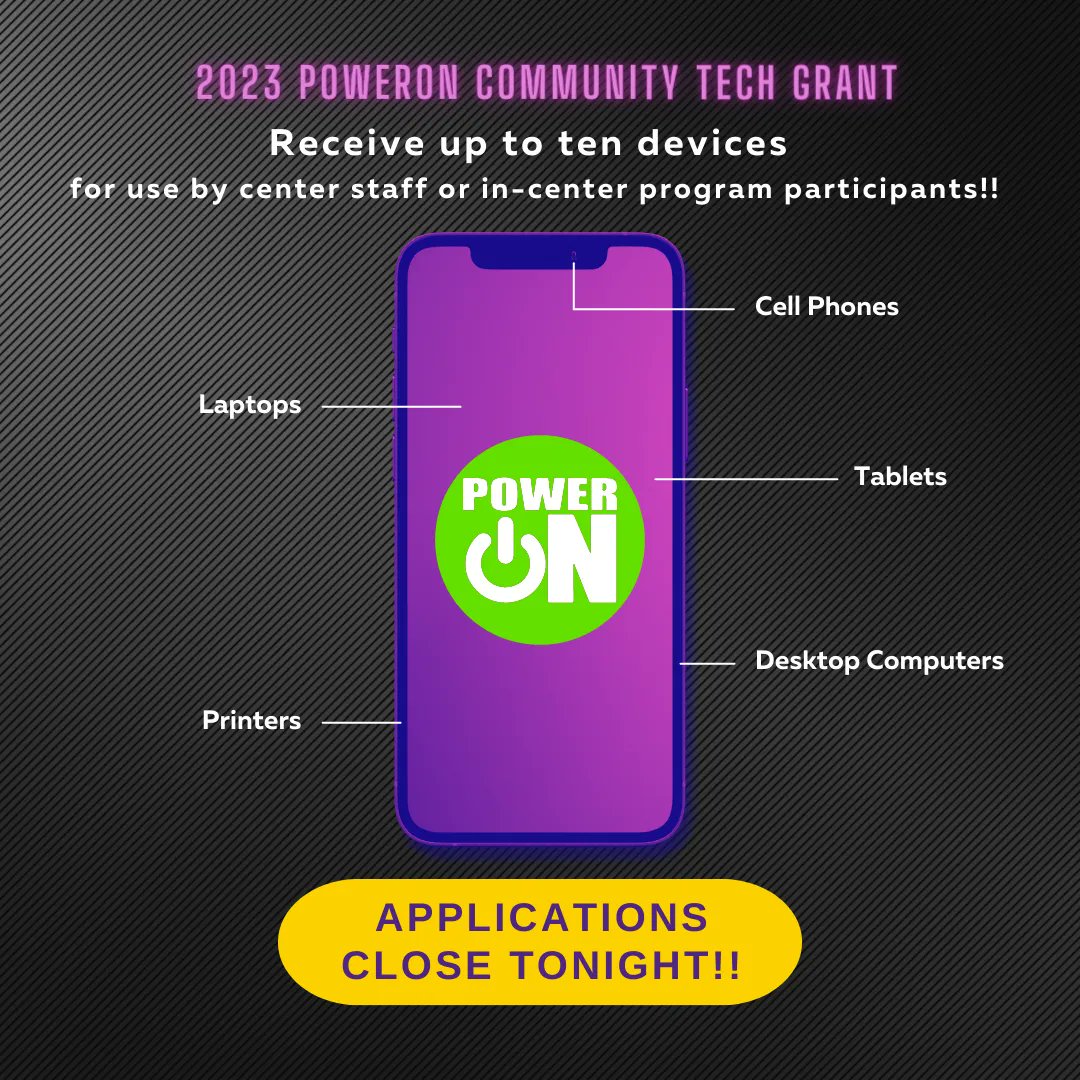 The clock is ticking and applications for the Community Tech Grant from PowerOn close tonight at 11:59 PM ET! Apply for up to ten devices to help keep your center connected. buff.ly/3Dz98p1