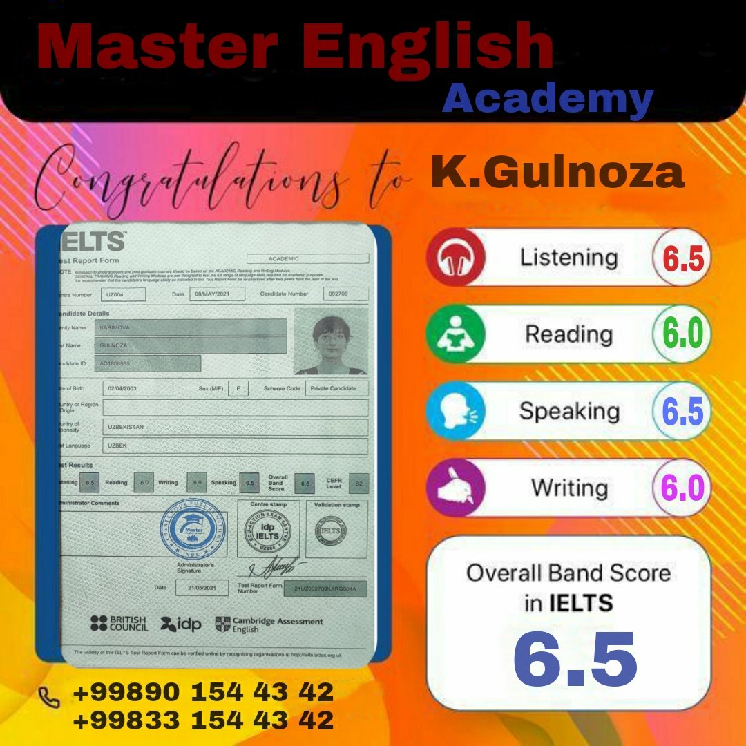 chustmaster's tweet photo. K.Gulnoza               /M.E.A 
Overall : 6.5  #IELTS #uzb 
DIGISHT 😎😁
#chustmaster https://t.co/ZalzmZaKWB