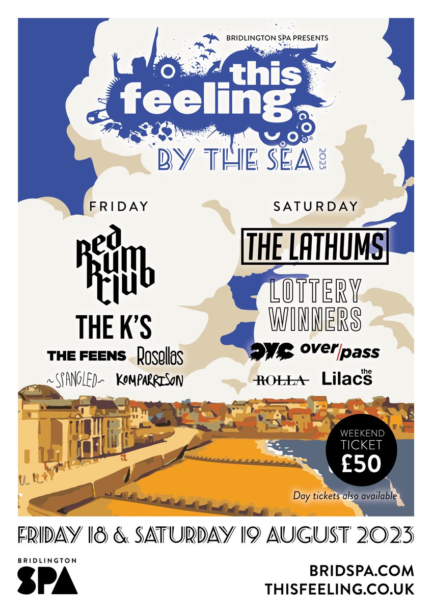 bridspa's tweet photo. We are delighted to announce @this_feeling By The Sea headlined by @TheLathums &amp; @RedRumClub this Summer 🌞🎸 

Tickets on general sale Thursday 10am 🏖️

Tickets on sale to Bridlington Spa Membership Holders Wednesday 10am 
👉 Become a member https://t.co/BXoACBgSYY https://t.co/RuiWvMbFup