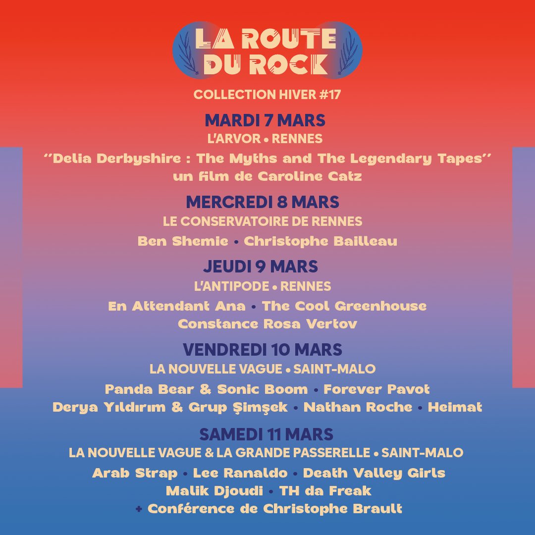 𝗝-𝟭 • La 17ème Collection Hiver de 𝗟𝗮 𝗥𝗼𝘂𝘁𝗲 𝗱𝘂 𝗥𝗼𝗰𝗸 débute demain, rendez-vous cette semaine à Rennes et Saint-Malo !

🎟 Infos et billetterie laroutedurock.com
#rdr2023