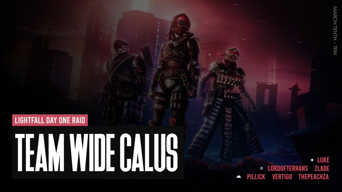 This Friday, we're diving into the new Destiny 2 raid in the attempt to complete it within the first 48 hours! 

🧙‍♂️ <a href="/ThePeachZA/">ThePeachZA 🏔️👀</a> :3c
🧙‍♂️ <a href="/Vertigo_97/">Vertigo ☆</a> 
🧙‍♂️ <a href="/Pillick016/">Pillick</a> 
🏹 <a href="/TerranLord/">Devin Morris</a> 
🏹 <a href="/ZladeOW/">Zlade</a> 
🍳 Luke, the man with a pan who has a plan