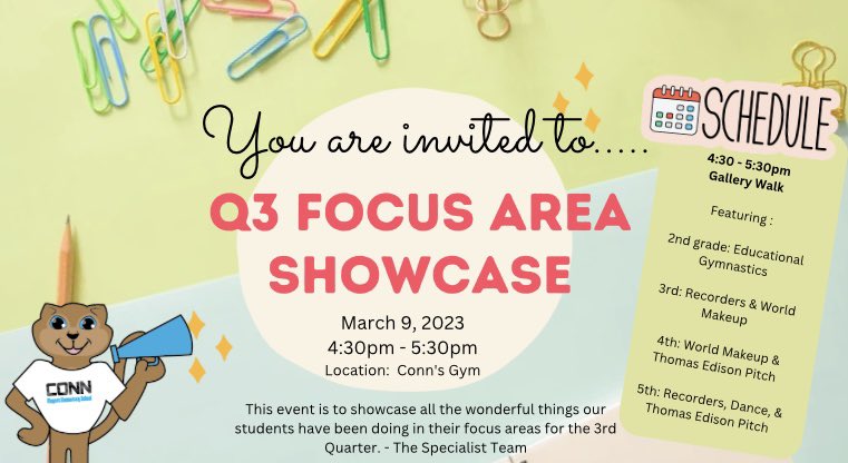Daniel Gridley, M.Ed. (@gridleydaniel) on Twitter photo Trending at #ConnE for this week! 💡
Quarter 3 Focus Area Showcase Night!
🗓️ Thursday, March 9th
⏰ 4:30p
📍 <a href="/ConnMagnet/">Conn Magnet Elementary</a> Trending at #ConnE for this week! 💡
Quarter 3 Focus Area Showcase Night!
🗓️ Thursday, March 9th
⏰ 4:30p
📍 <a href="/ConnMagnet/">Conn Magnet Elementary</a>