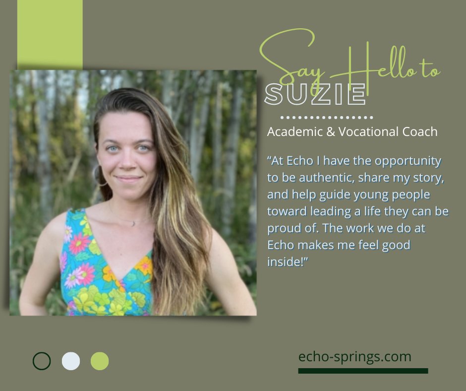 EchoSprings_ID's tweet image. Introducing, Suzie, Academic &amp;amp; Vocational Coach

“At Echo I have the opportunity to be authentic, share my story, and help guide young people toward leading a life they can be proud of.&quot;
#echosprings #echospringstransitionstudycenter  #freshstartforyoungadults #findyourpath