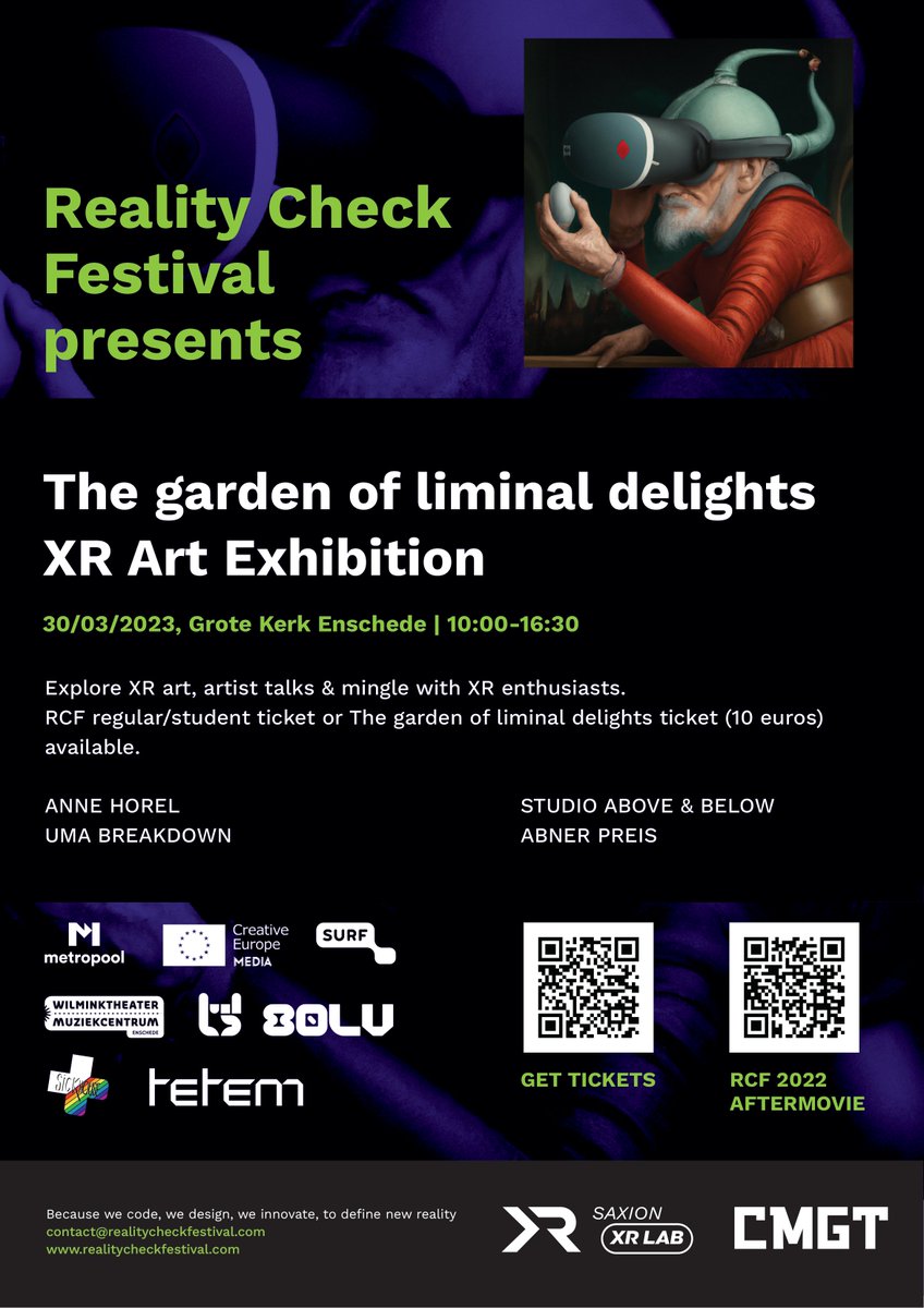 SaxionXRLab's tweet photo. Step into a world beyond reality. With the garden of liminal delights ticket (10 euros), you'll have access to the XR art exhibition, artist talks, and the chance to mingle with like-minded XR enthusiasts or to be introduced to this world. https://t.co/kHyrcujmNH
#artinenschede https://t.co/HhAu5XRHlS