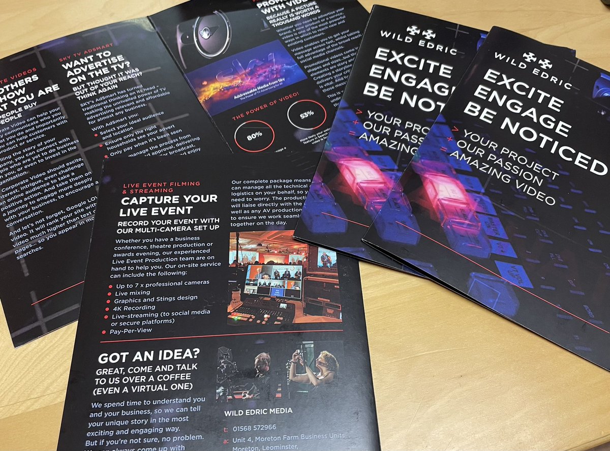 WildEdricMedia's tweet photo. We love our new leaflets! Thanks to @MilesNicholls for a great design & quick turnaround. We’ll be handing these out at the @HW_Chamber #hwexpo this Thursday 9th March. Come see us there on stand 52 at @3countiesshows #exhibition #expo #filmproduction #leafletdesign #businessexpo https://t.co/coX0GaqVdD