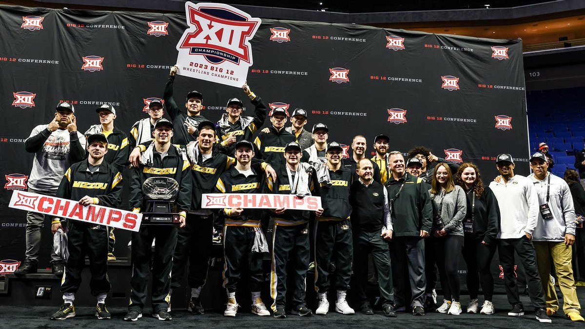 NCAAWrestling's tweet photo. The Missouri Tigers are your 2023 @Big12Conference wrestling champions!

#NCAAWrestling x 📸 @MizzouWrestling https://t.co/yUnd7W2uD9