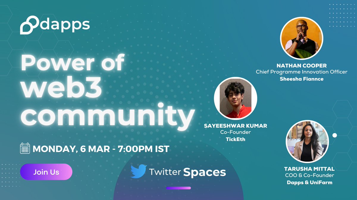 Dapps (@dapps_co) on Twitter photo #TwitterSpace in 2 hrs๐
๐ฃJoin us Today with
<a href="/TarushaM/">Tarushaa</a> from <a href="/dapps_co/">Dapps</a>
<a href="/TheDeFiDoctor/">TheDeFiDoctor</a> from <a href="/SheeshaFinance_/">Sheesha Finance | The Future of Web3</a>
<a href="/SayeeshwarK/">Sayeeshwar Kumar</a> from <a href="/ticketh_io/">ticketh.in ๐๏ธ</a>๐
Topic: Power of #Web3Community๐ช
๐ 7:00 PM IST, Today
๐<a href="/dapps_co/">Dapps</a>
๐x.com/i/spaces/1LyxBโฆ #TwitterSpace in 2 hrs๐
๐ฃJoin us Today with
<a href="/TarushaM/">Tarushaa</a> from <a href="/dapps_co/">Dapps</a>
<a href="/TheDeFiDoctor/">TheDeFiDoctor</a> from <a href="/SheeshaFinance_/">Sheesha Finance | The Future of Web3</a>
<a href="/SayeeshwarK/">Sayeeshwar Kumar</a> from <a href="/ticketh_io/">ticketh.in ๐๏ธ</a>๐
Topic: Power of #Web3Community๐ช
๐ 7:00 PM IST, Today
๐<a href="/dapps_co/">Dapps</a>
๐x.com/i/spaces/1LyxBโฆ